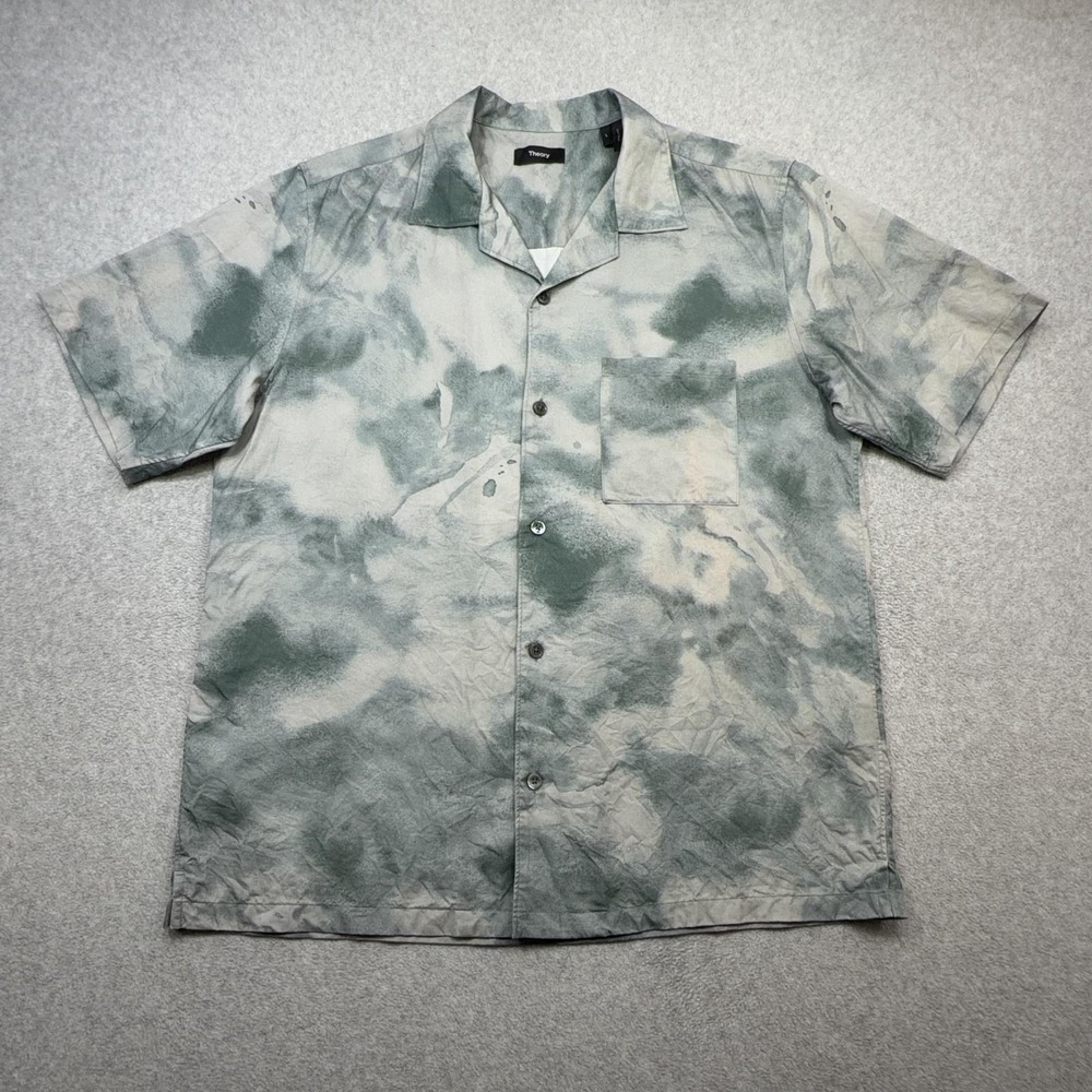 Theory Noll Shirt Mens Large Gray Green Cloud Print Short Sleeve Button Camp